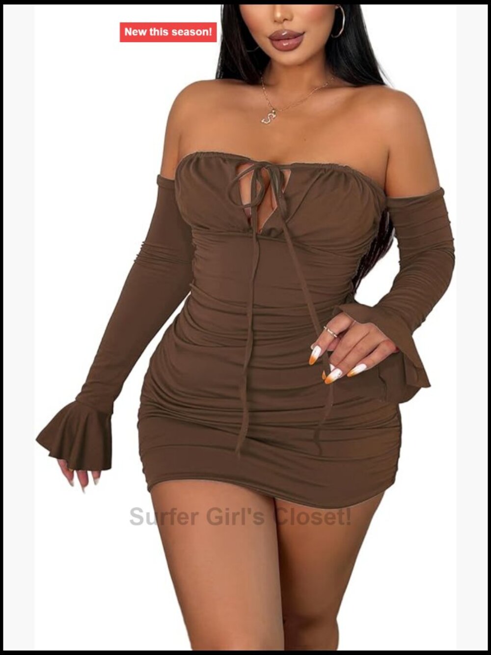 Off Shoulder Bodycon Dress Ruched Long Sleeve Party Mini